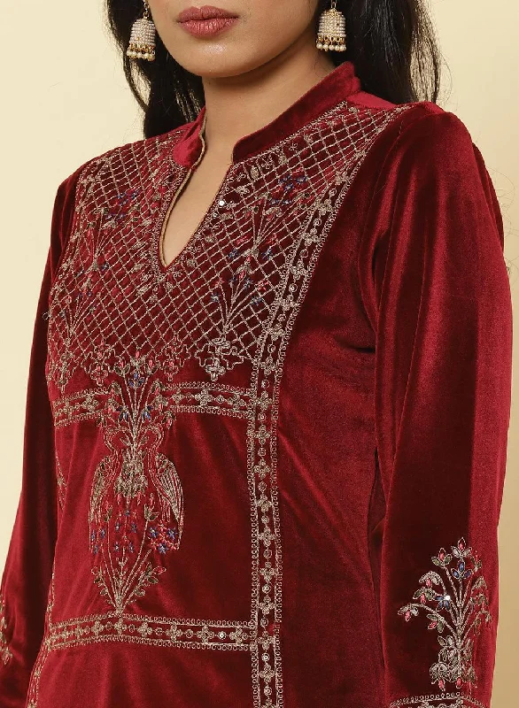 Dark Maroon Embroidered Velvet Kurti