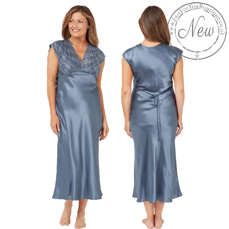 Plain Blue Wide Strap Full Length Long Sexy Satin Nightdress Negligee Lingerie PLUS SIZE