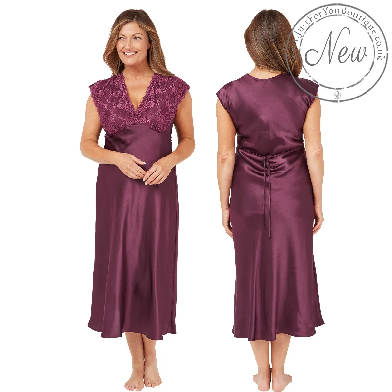 Plain Mulberry Purple Wide Strap Full Length Long Sexy Satin Nightdress Negligee Lingerie PLUS SIZE