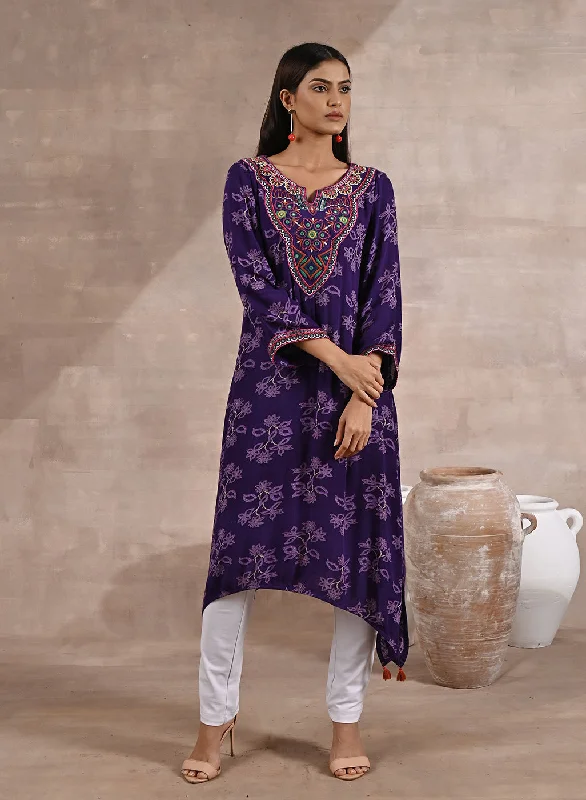 Purple Floral Print Dhaage Collection Kurta With Embroidery