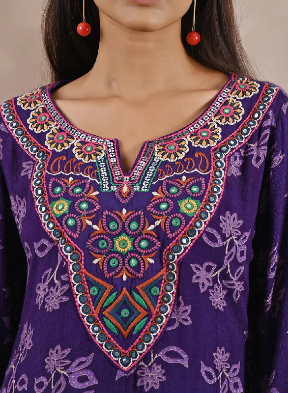 Purple Floral Print Dhaage Collection Kurta With Embroidery