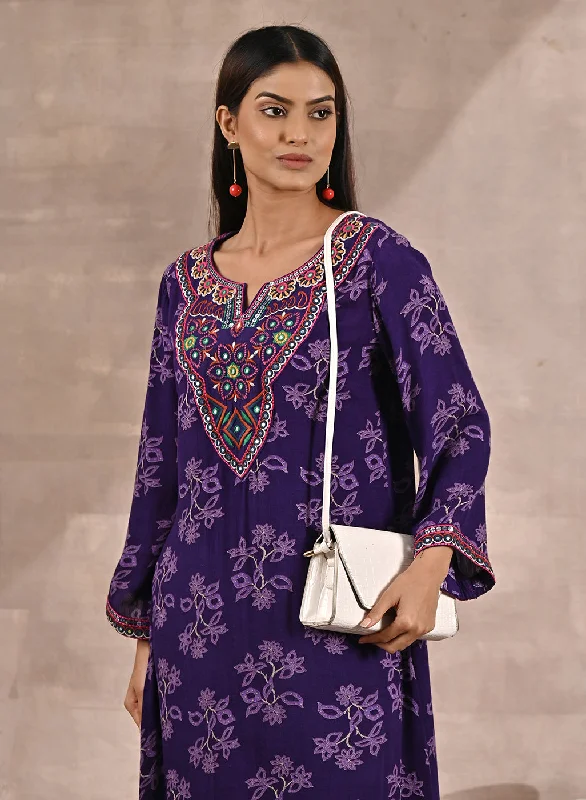 Purple Floral Print Dhaage Collection Kurta With Embroidery