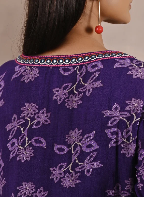 Purple Floral Print Dhaage Collection Kurta With Embroidery