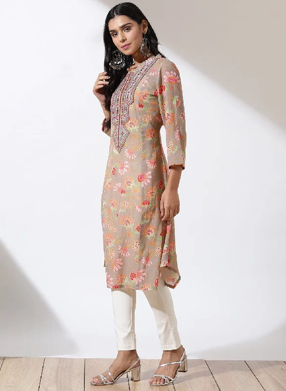 Grey Dhaage Collection Printed Kurta With Embroidery