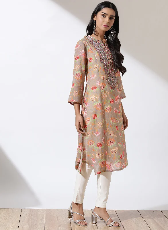 Grey Dhaage Collection Printed Kurta With Embroidery