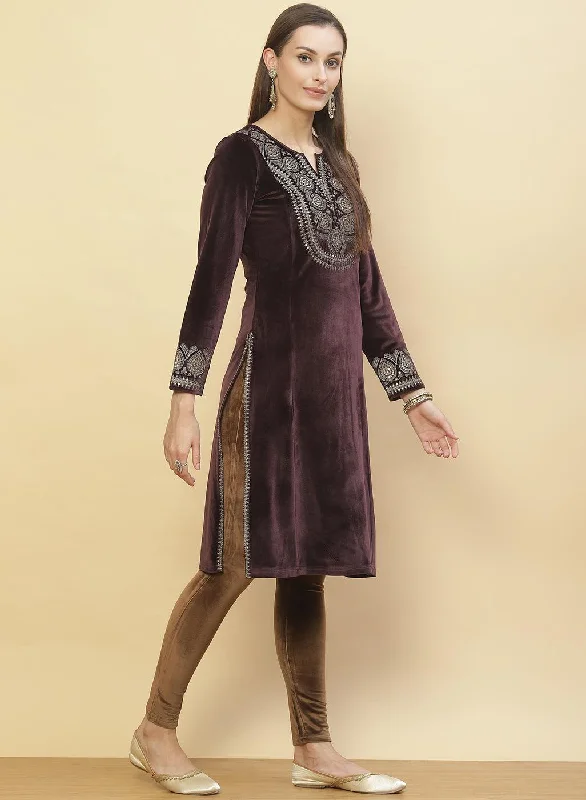 Brown Embroidered Velvet Kurti