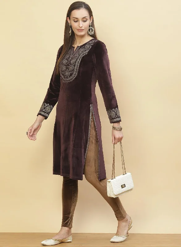 Brown Embroidered Velvet Kurti