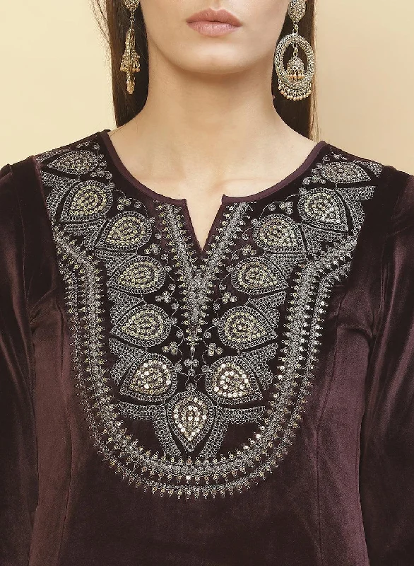 Brown Embroidered Velvet Kurti