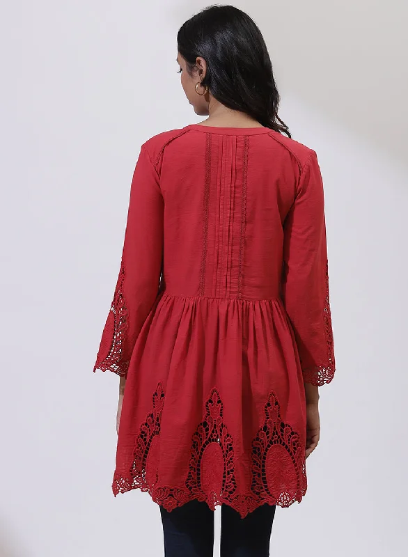 Red Phool Collection Tunic With Schiffli Embroidery