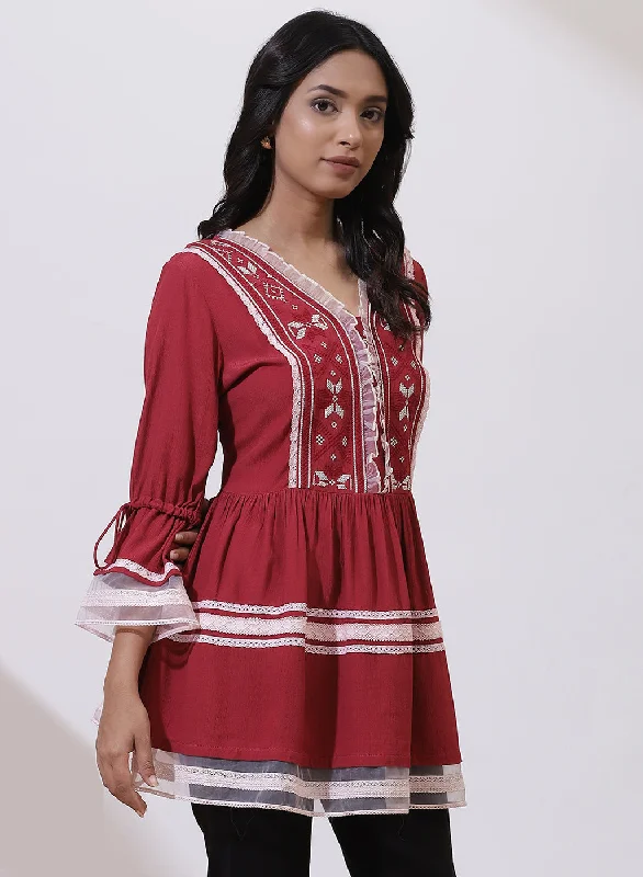 Red Tunic With Embroidery & Lace