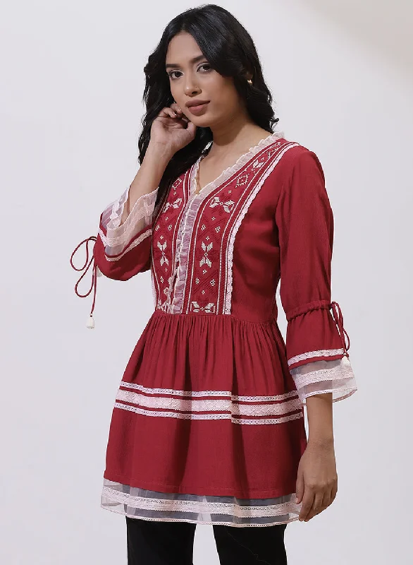 Red Tunic With Embroidery & Lace