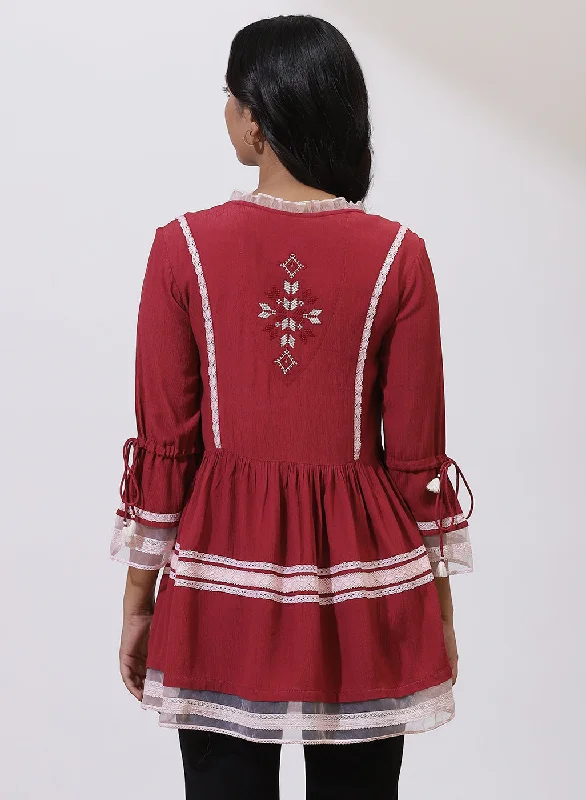 Red Tunic With Embroidery & Lace