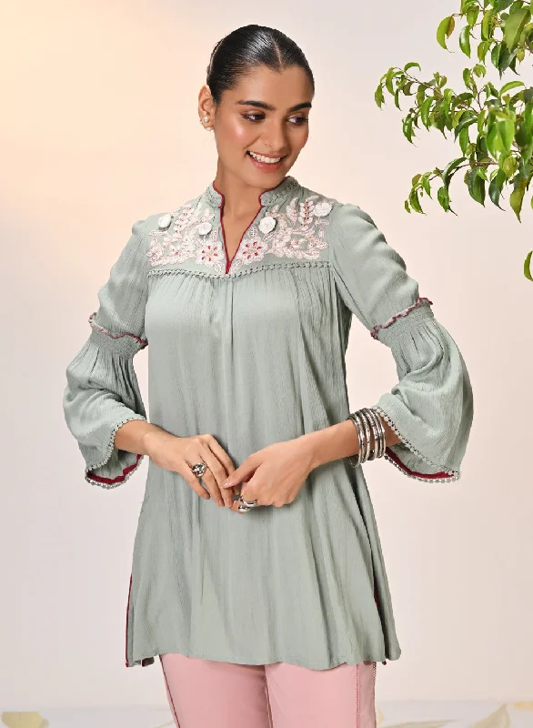 Rifa Basil Green Embroidered Crinkled Crepe Top for Women