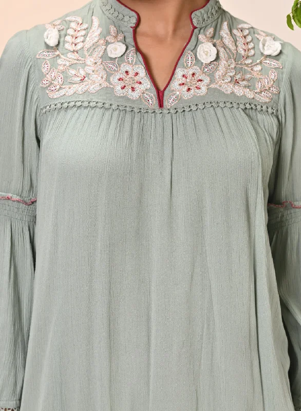 Rifa Basil Green Embroidered Crinkled Crepe Top for Women