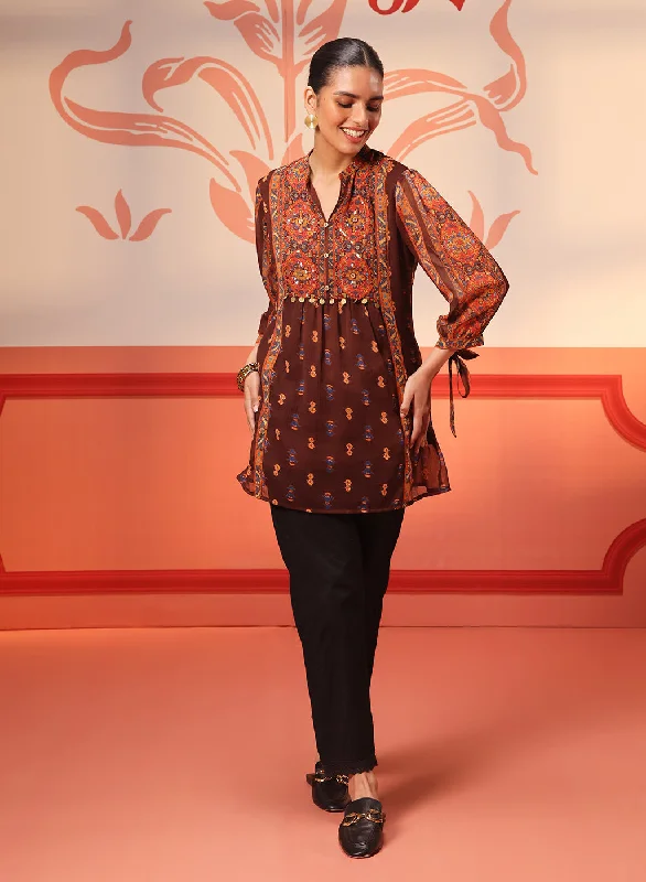 Sayoni Chocolate Brown Printed Chiffon Top for Women