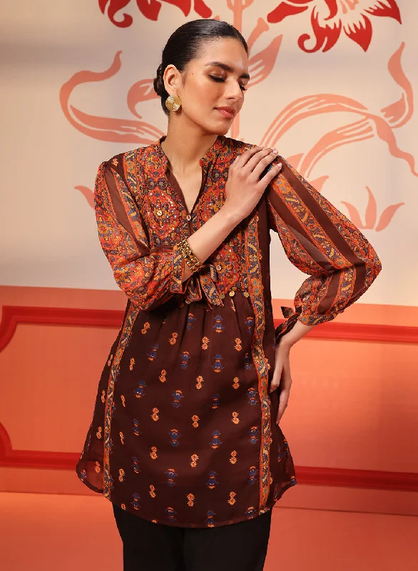 Sayoni Chocolate Brown Printed Chiffon Top for Women