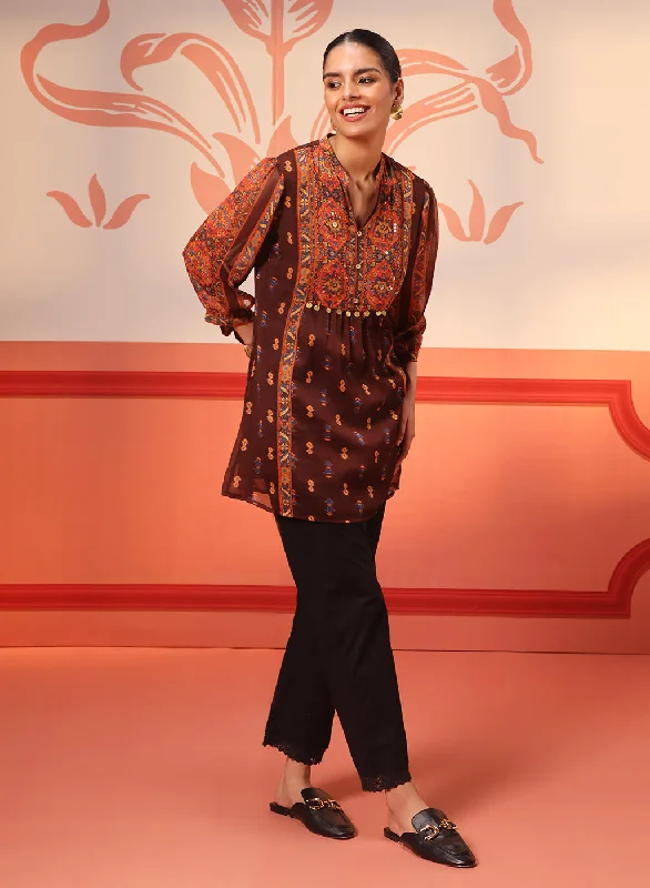 Sayoni Chocolate Brown Printed Chiffon Top for Women