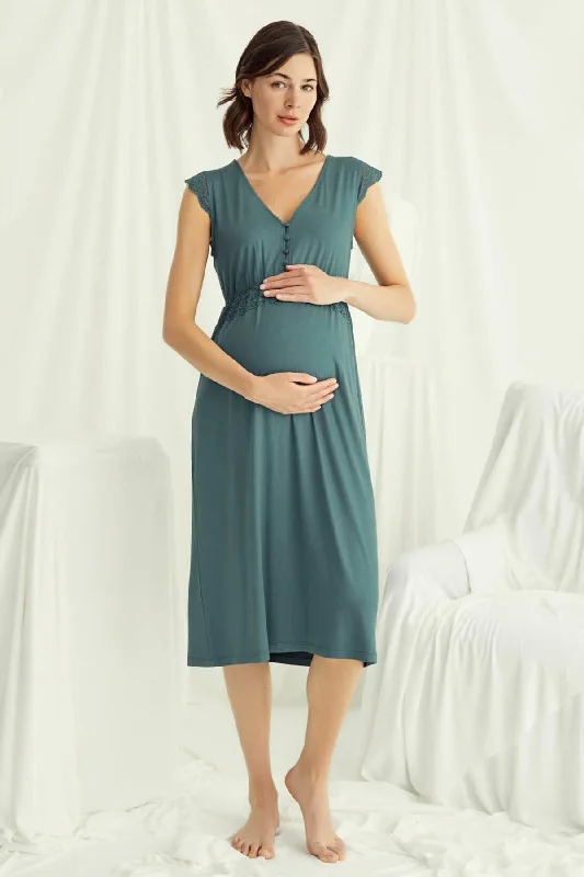 Shopymommy 18521 Lace V-Neck Maternity & Nursing Nightgown Green