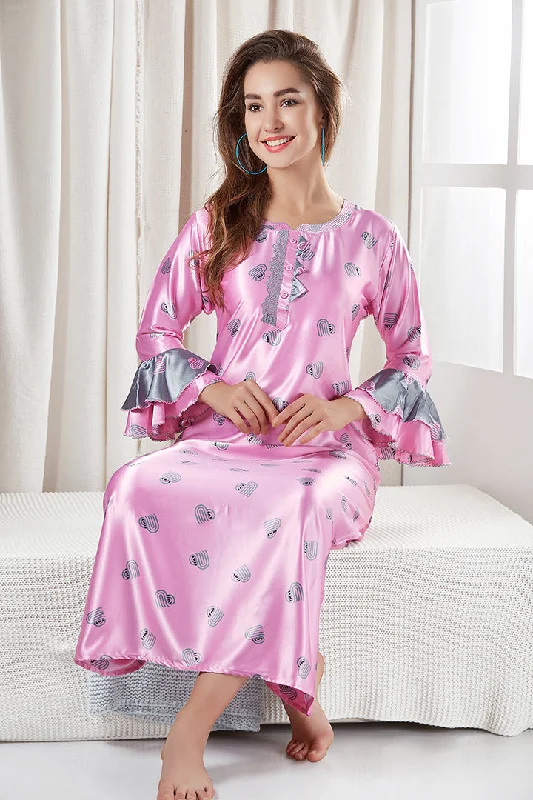 Skkinvalue’s soft satin Printed long sleeves Slim Fit nighties