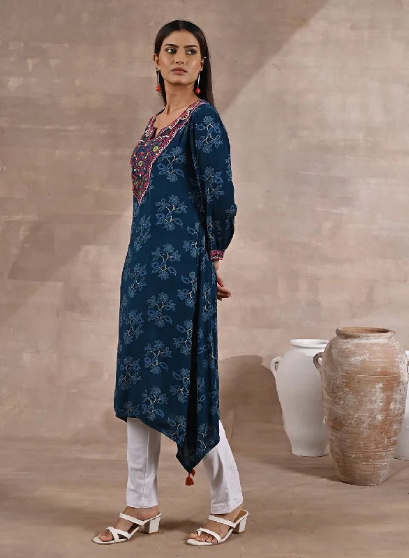 Teal Floral Print Dhaage Collection Kurta With Embroidery