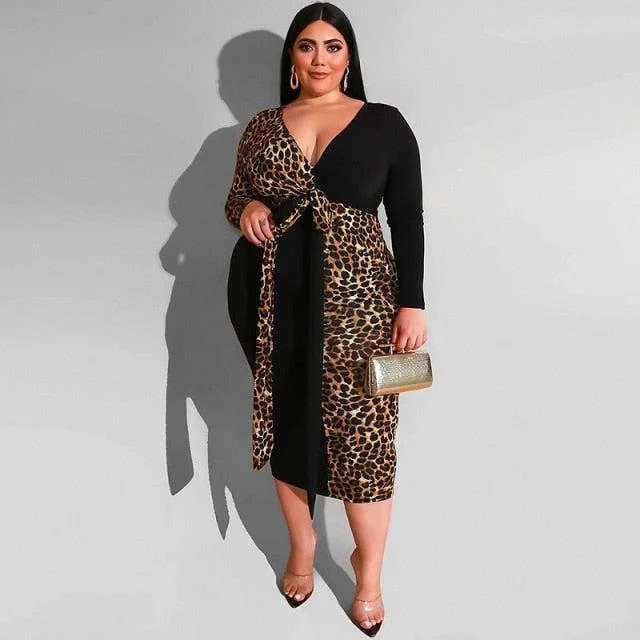 Women's High Waist Fashion Designer Leopard Midi Dresses (Plus Size)