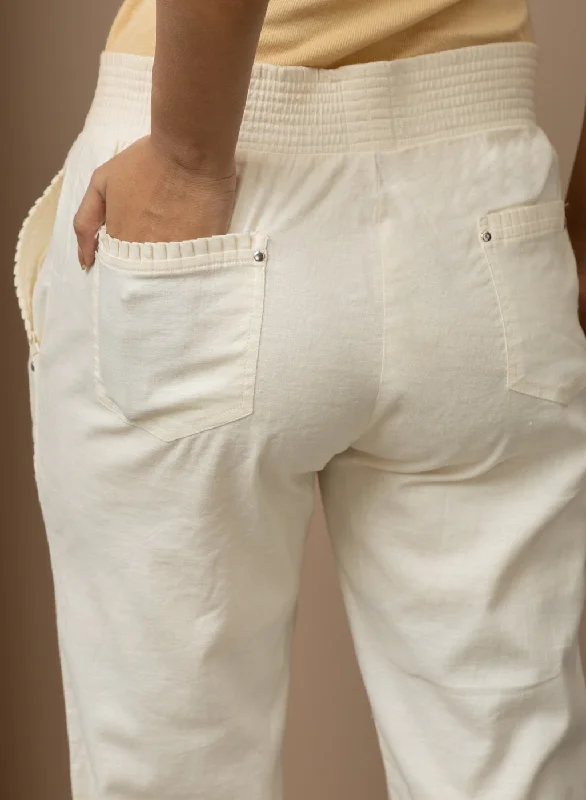 White Regular Plain Linen Capri