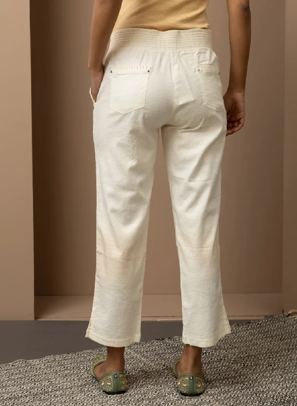 White Regular Plain Linen Capri