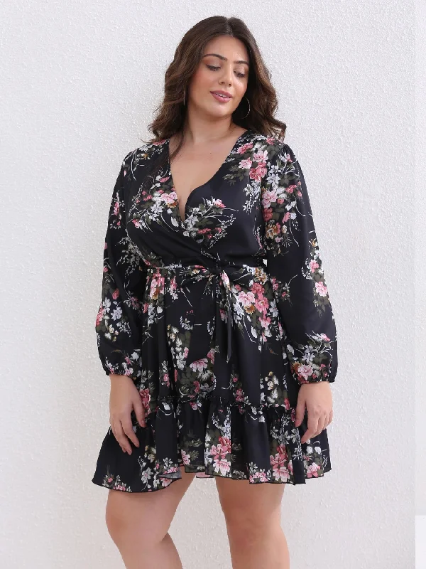 Women's Fashion Designer Floral Chiffon V Neck Short Dresses (Plus Size)