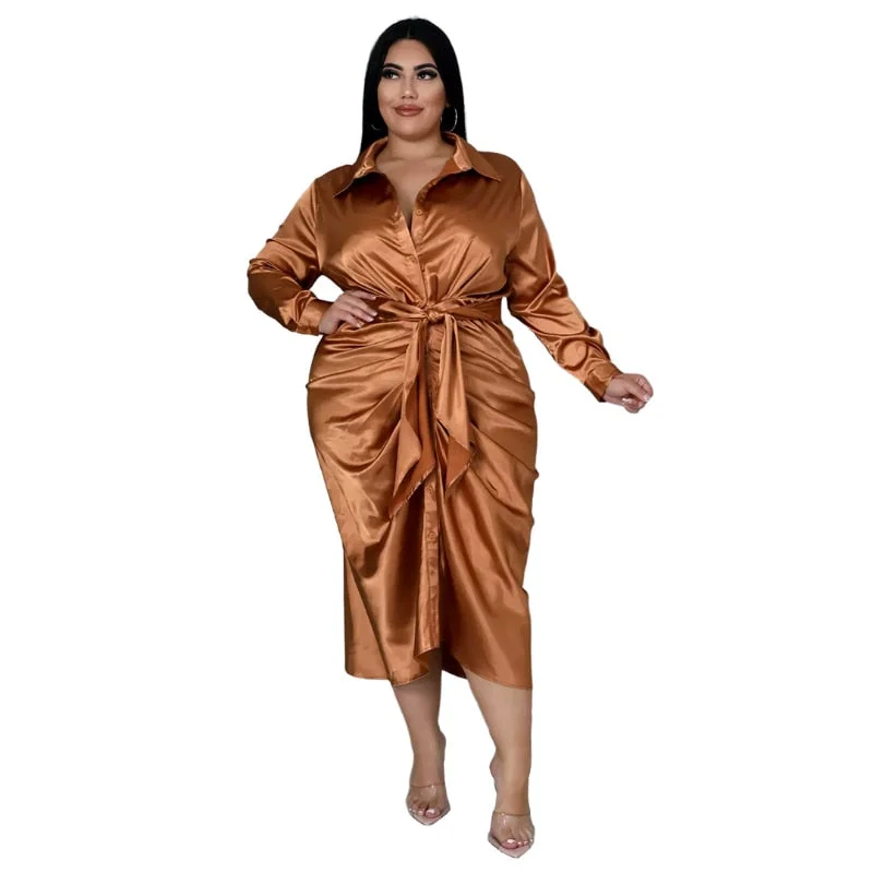 Women's Satin  Shirt Fashion Designer Midi Dresses (Plus Size)