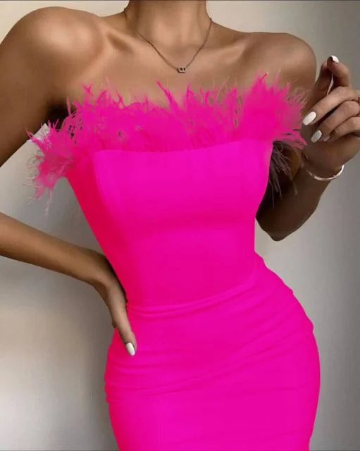 Women's Bodycon Bandage Fashion Designer Feathered Trim Dresses (Short)