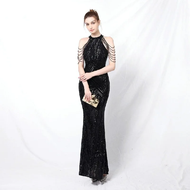 Women's Halter Neck Sequin Fashion Designer Beaded Straps Dresses (Long)