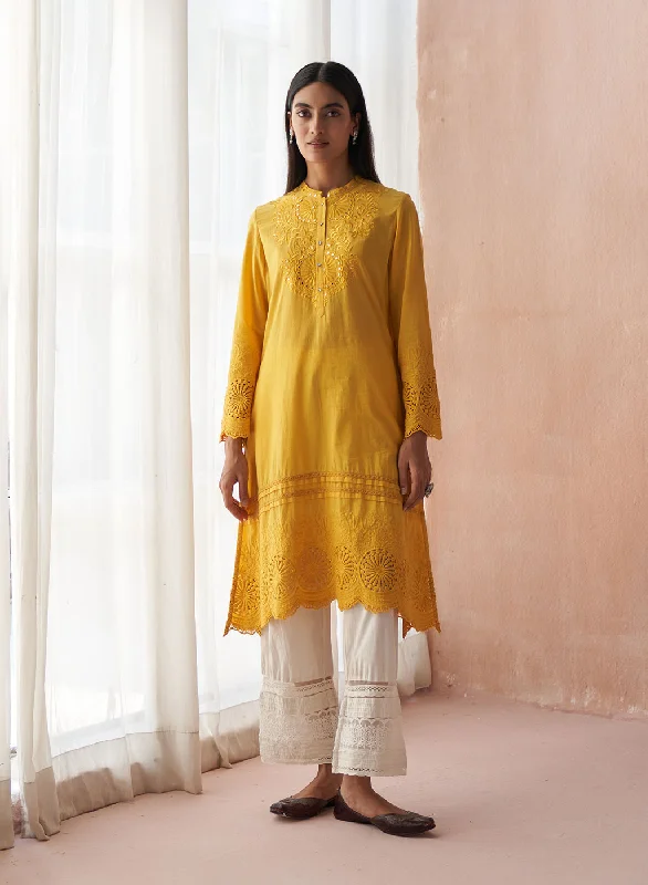 Yellow Alora Collection Kurta WIth Schiffli and Lace Detailing