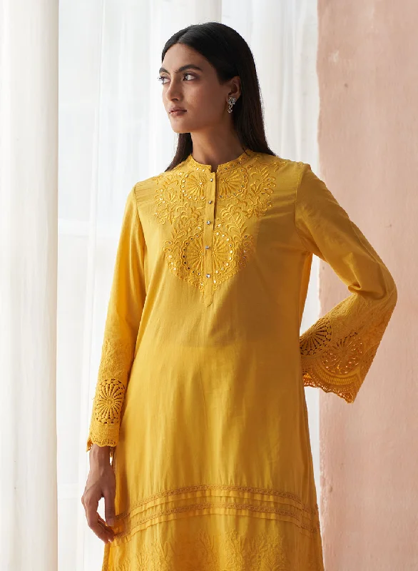 Yellow Alora Collection Kurta WIth Schiffli and Lace Detailing