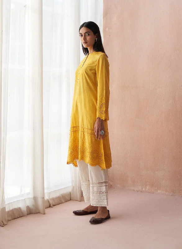 Yellow Alora Collection Kurta WIth Schiffli and Lace Detailing