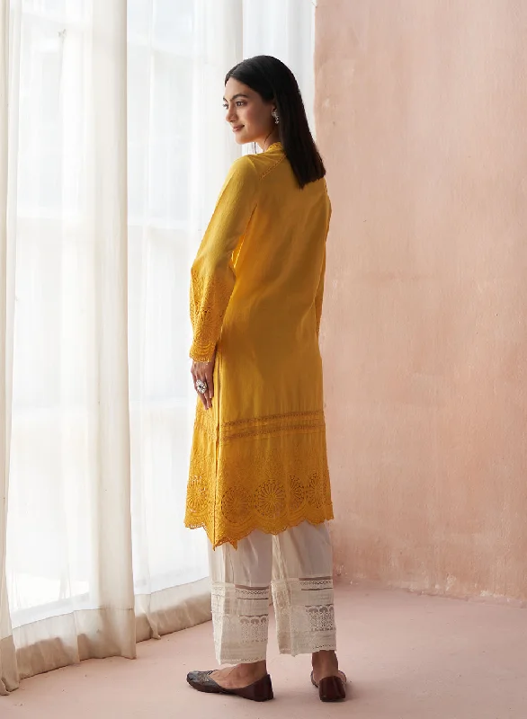 Yellow Alora Collection Kurta WIth Schiffli and Lace Detailing