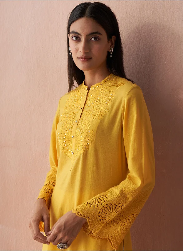 Yellow Alora Collection Kurta WIth Schiffli and Lace Detailing