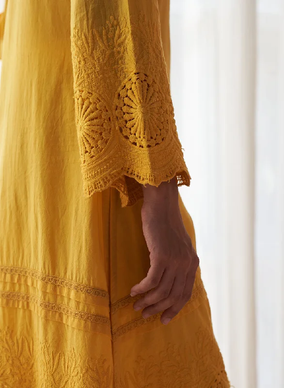 Yellow Alora Collection Kurta WIth Schiffli and Lace Detailing