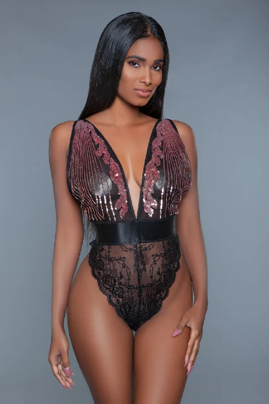 BeWicked Estella Bodysuit Teddy Pink Sequins Black