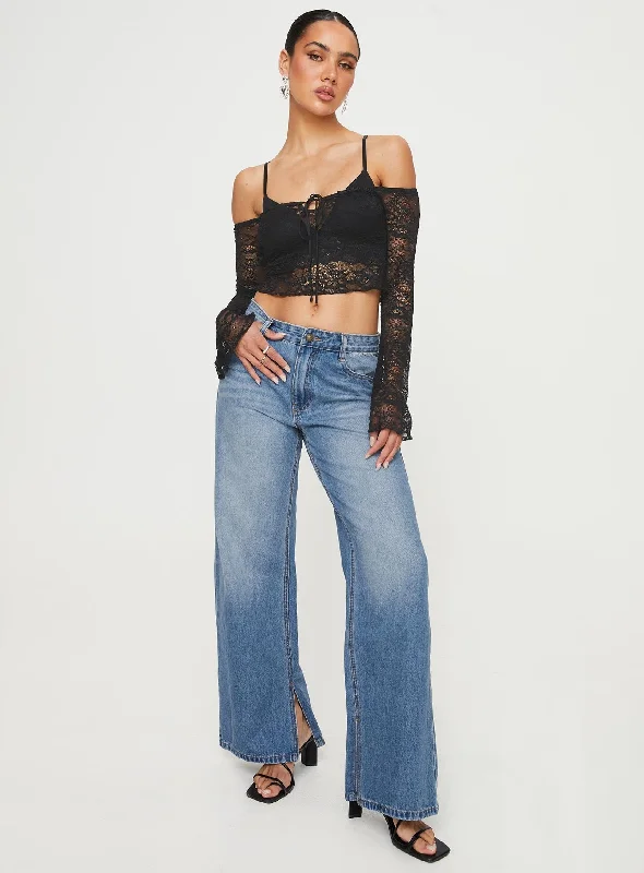 Azula Mid Rise Wide Leg Denim Jean Mid Blue