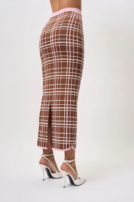 Carolina Check Knit Ankle Skirt - Brown Pink