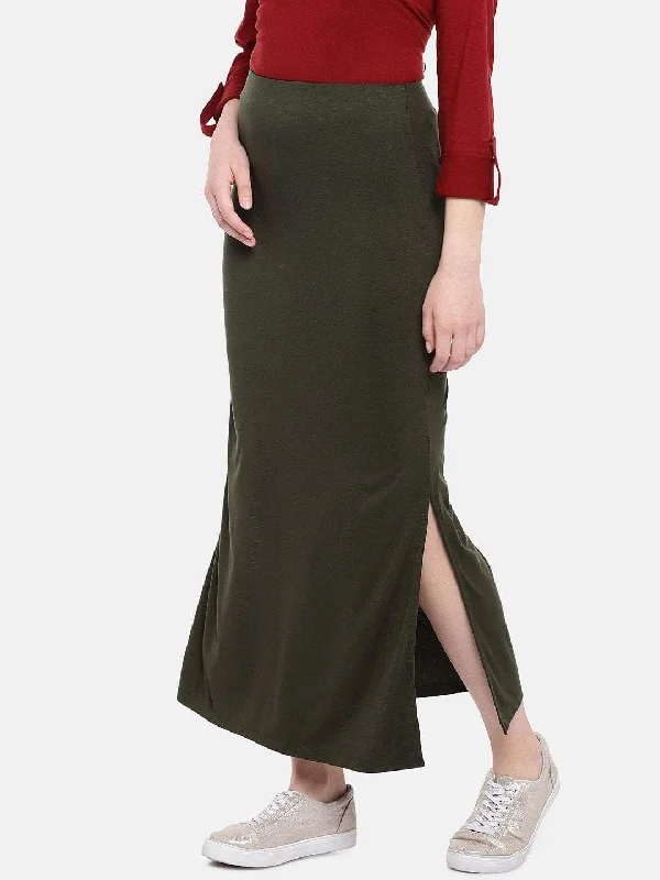 Womens Olive Viscose Elastane Skirt