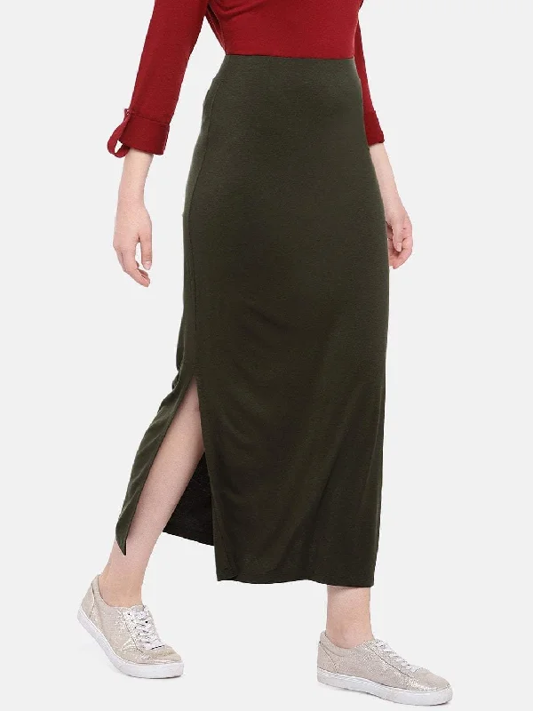 Womens Olive Viscose Elastane Skirt