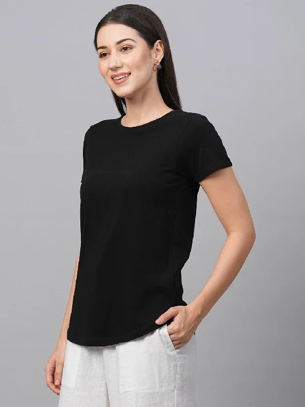 Women's Black Cotton Regular Fit Tshirt