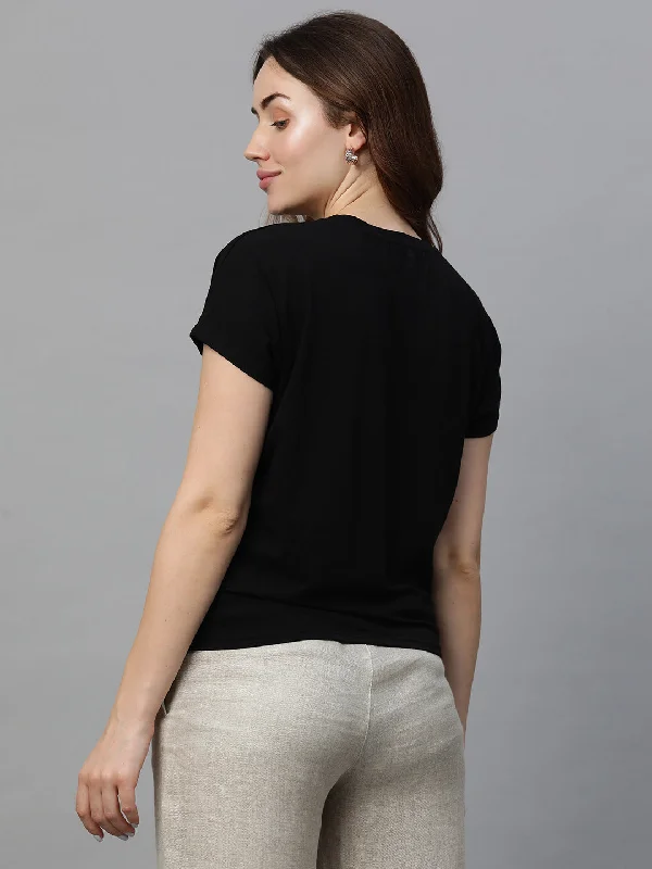 Women's Black Cotton Bamboo Elastane Regular Fit Tshirt