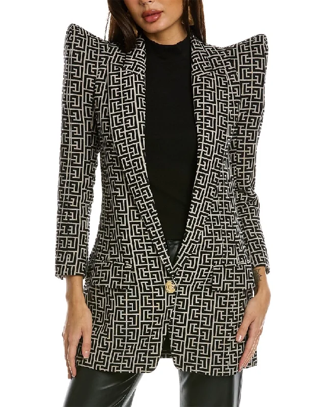 Balmain 1-Button Shoulder Pad Monogram Wool Jacket