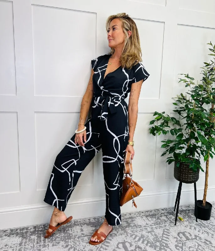 Black Print Wrap Belted Jumpsuit