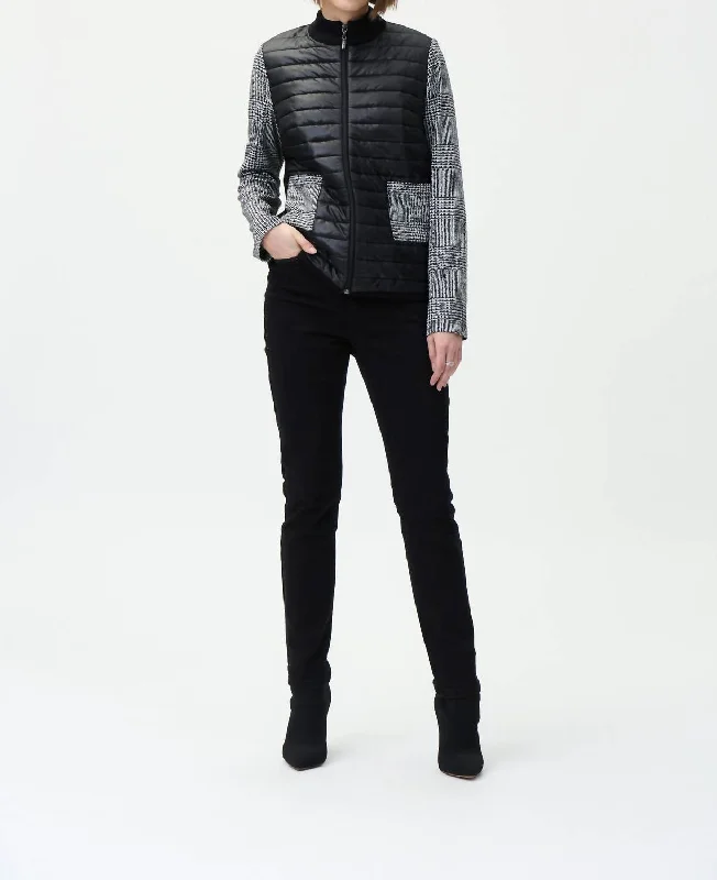 Black Puffer Jacket With Contrast Sleeves In Black/white