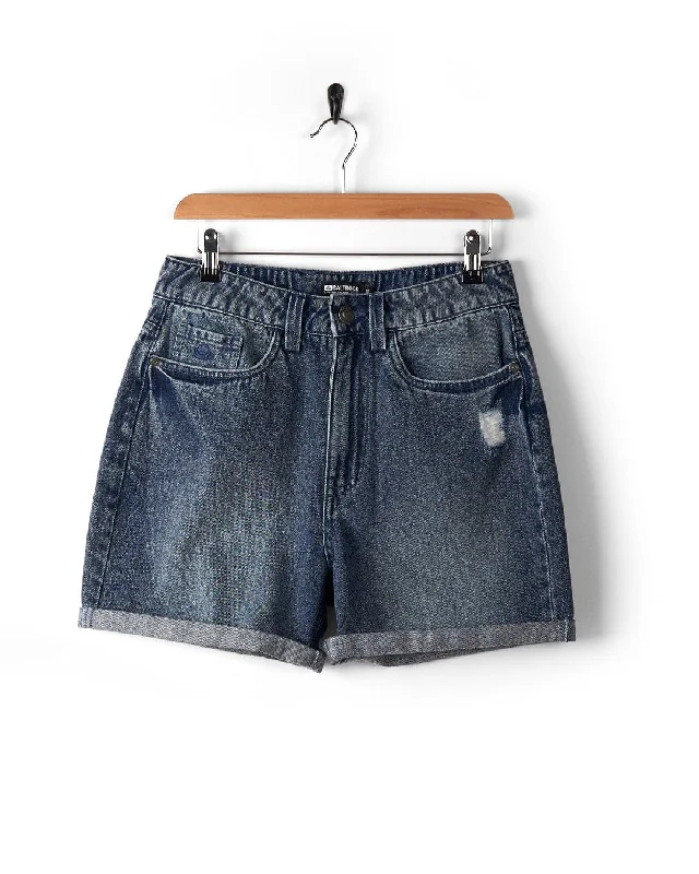 Brittany - Womens High Waisted Denim Shorts - Blue