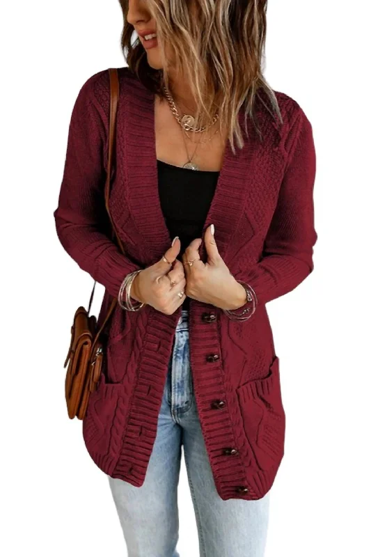 Cable Knit Cardigan In Maroon