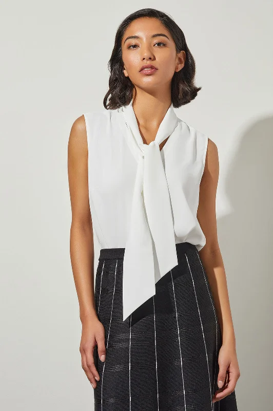 Drape Tie-Neck Crepe de Chine Blouse, White